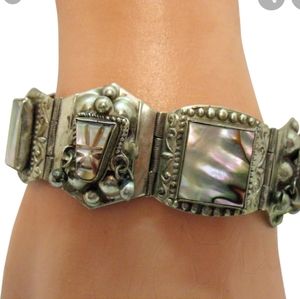 Taxco Tribal Mask Abalone Mother of pearl Sterling Silver link bracelet Vintage